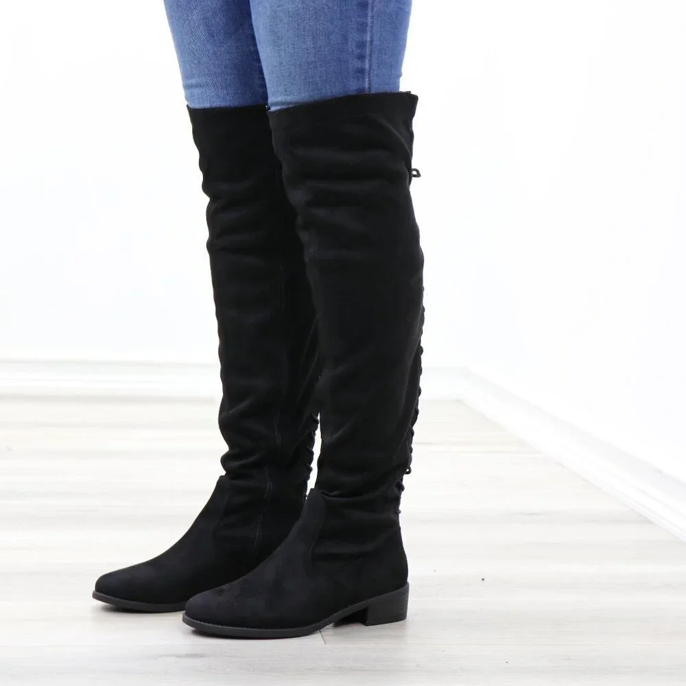 Black Over-the-Knee Boots Size 6 Lace-Up Back Flat Sole Tall Shaft Faux Suede